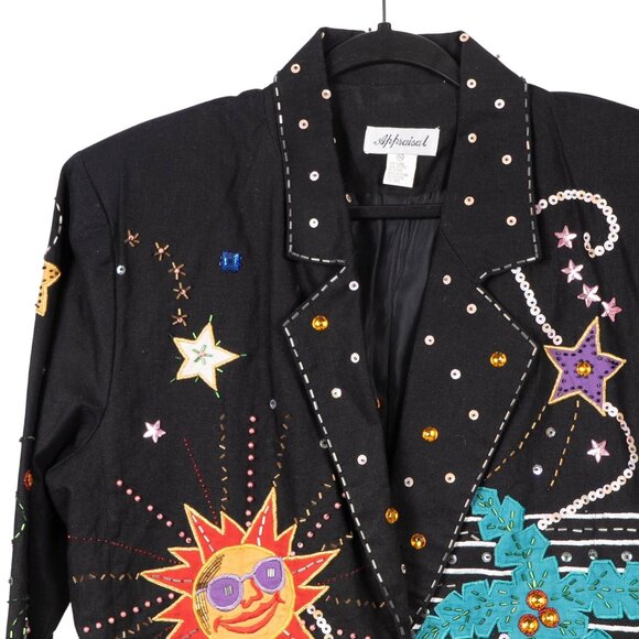 Appraisal Blazer Jacket VTG M Womens Black Sun Star Palm Tree Sequin Button - Picture 2 of 7